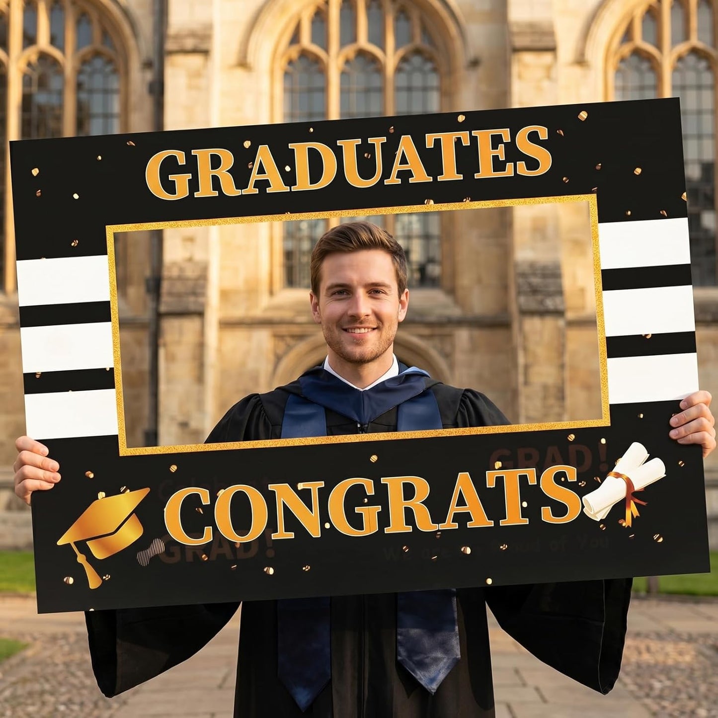 Class of 2026 Graduation Photo Booth Frame 26.8 x 18.9 Inch Black Gold Hollow Board Selfie Prop for High School College Grad Party Decor