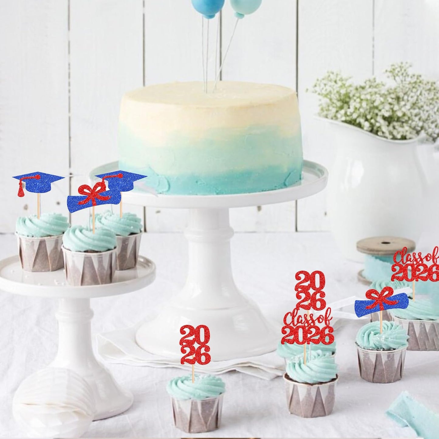 36 PCS 2026 Graduation Theme Cupcake Toppers Glitter Class of 2026 Grad Cap Diploma Cupcake Picks 2026 Graduation Theme Party Cake Decorations Supplies Deep Blue