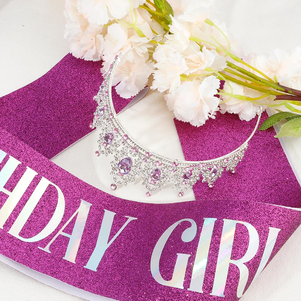 Silver Birthday Crown Headband with Sash for Women - Rhinestone Tiara for Birthday Parties