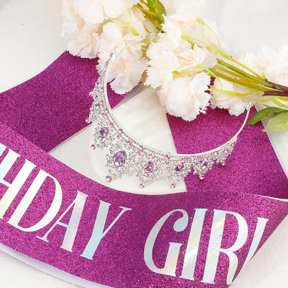 Silver Birthday Crown Headband with Sash for Women - Rhinestone Tiara for Birthday Parties