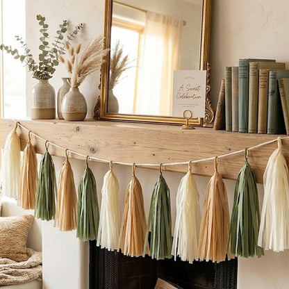 15-Pack Olive Green Brown Tan Cream Tassel Garland Paper Banner Fringe Streamers DIY Kit Woodland Safari Gender Neutral Baby Shower Birthday Nursery Classroom Wall Table Hanging Party Decor