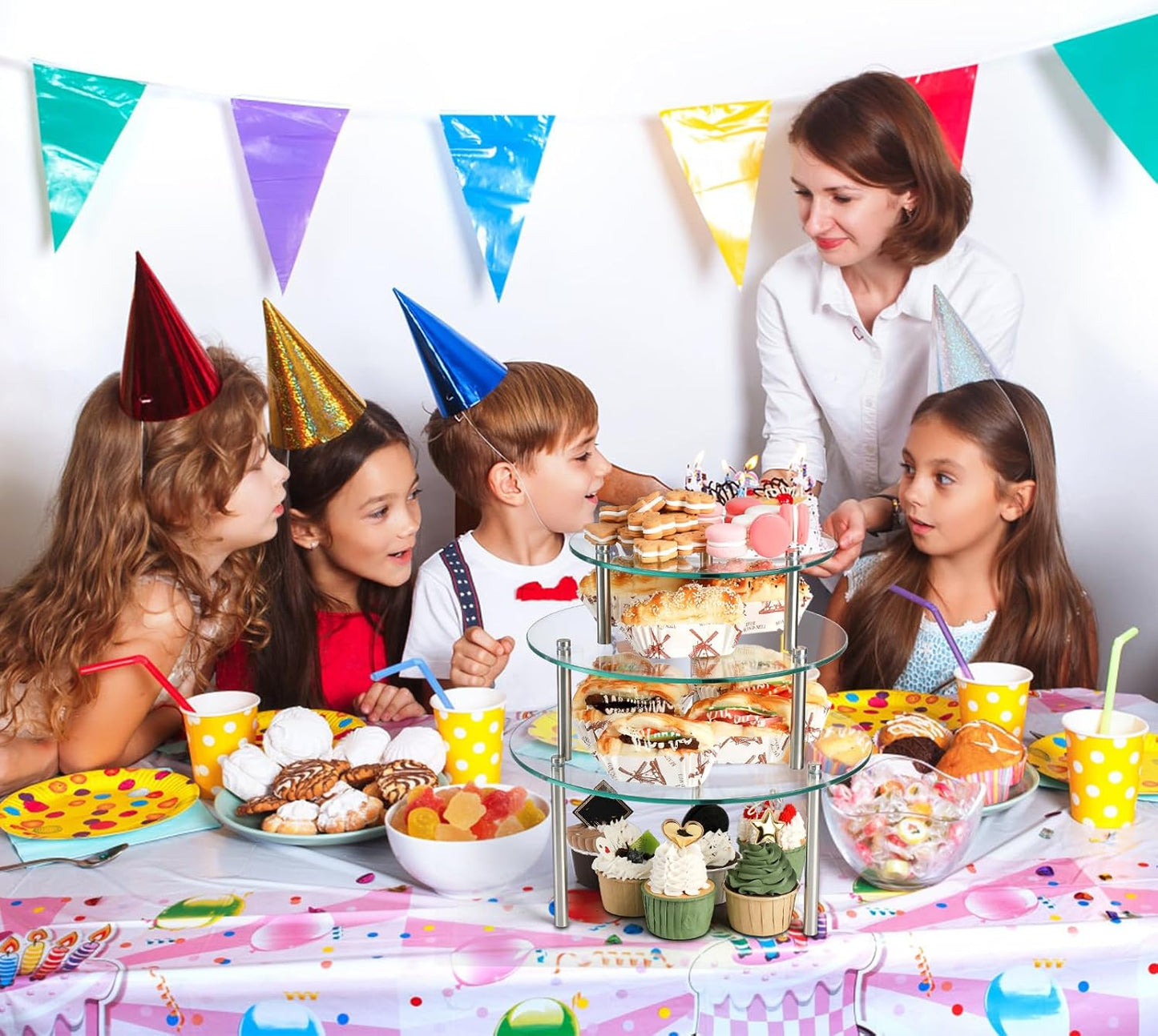 Hacaroa 3 Pcs Tempered Glass Cupcake Stands for Party, 9,11,12.6 Inch Round Food Display Stand Clear Retail Risers for Cakes, Desserts, Pastries, Appetizers
