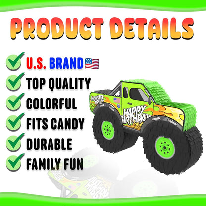 Jergrim Blue Monster Truck Piñata, Small 4 Piece Set, perfect for Kids Birthday Parties, Race Car Party Supplies fits piñata candy and party favors (17”X11”) Durable!