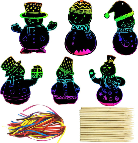 PARSUP 72Pcs Christmas Snowman Scratch Paper Rainbow Color Scratch Ornaments Christmas Decorations Hanging Craft Art Kits with Wooden Stick and Ribbon for Kids Christmas Winter Party Favors