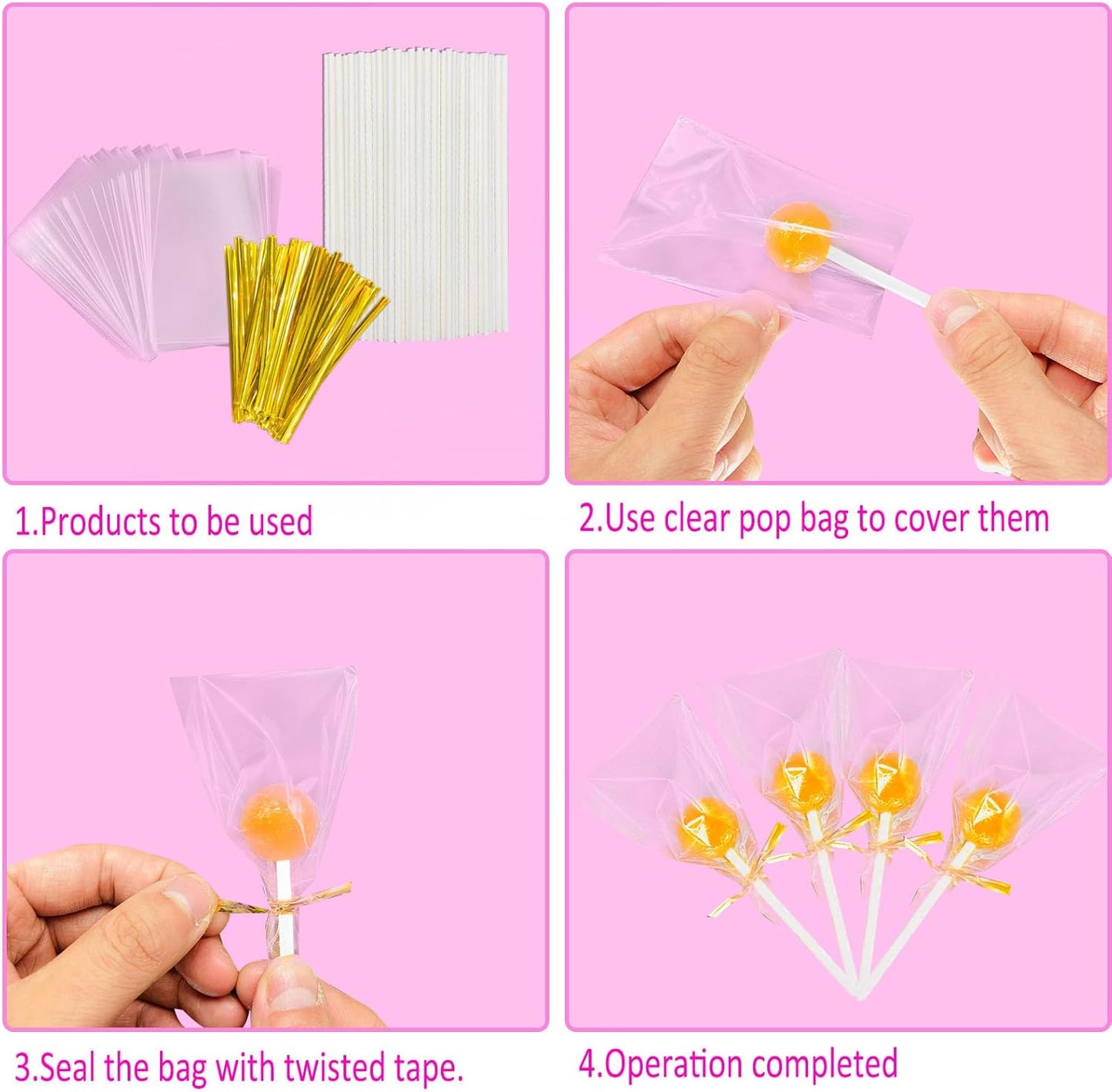 600Pcs Lollipop Stick - Cake Pop Sticks and Wrappers Kit Cake Pops Making Tools for Candy Chocolate Cookie Wrapping Include 200Pcs Cake Pop Sticks 200Pcs Cake Pop Bags and 200Pcs Twist Ties