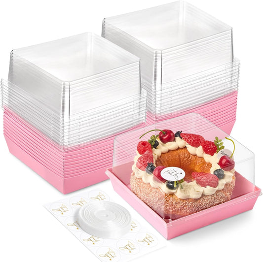 Ocmoiy 7x7x4 Inches White Paper Cake Boxes with Clear Lids for 6 Inch Cakes, 20 Pack Square Disposable Cake Bakery Take Out Containers, To Go Dessert Boxes
