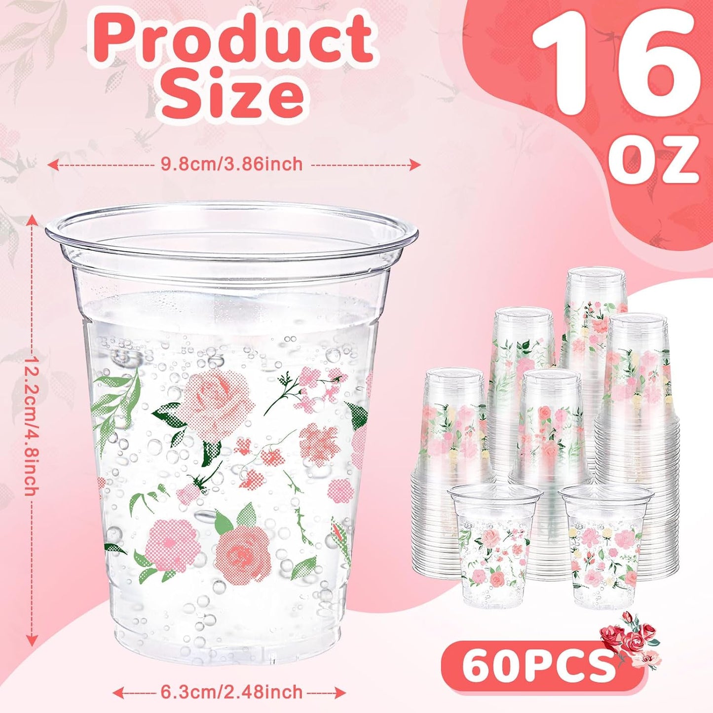 Hushee 60 Pcs Purple Floral Cups with Spring Summer Flower 16 oz Wildflowers Plastic Disposable Drinking Cups for Summer Spring Birthday Baby Shower Wedding Party Supplies