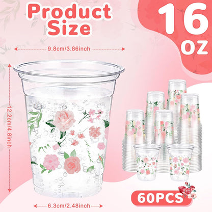 Hushee 60 Pcs Purple Floral Cups with Spring Summer Flower 16 oz Wildflowers Plastic Disposable Drinking Cups for Summer Spring Birthday Baby Shower Wedding Party Supplies