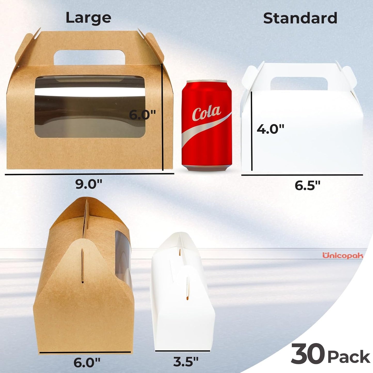 UnicoPak 30 Pack 9x6x6 Gable Boxes, Large White Treat Boxes with Handles, Cardboard Gift Boxes for Party Favors, Lunch, Bakery, Cookies, Picnic, To-Go Food, DIY Gift Packaging
