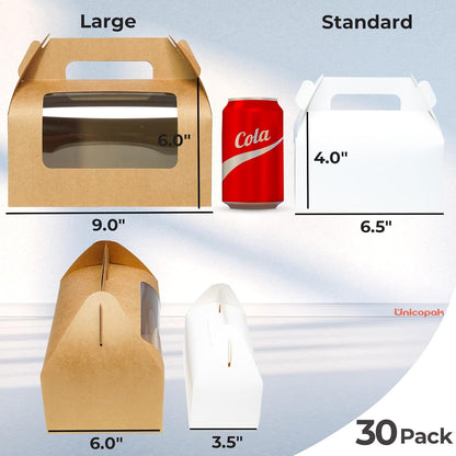 UnicoPak 30 Pack 9x6x6 Gable Boxes, Large White Treat Boxes with Handles, Cardboard Gift Boxes for Party Favors, Lunch, Bakery, Cookies, Picnic, To-Go Food, DIY Gift Packaging