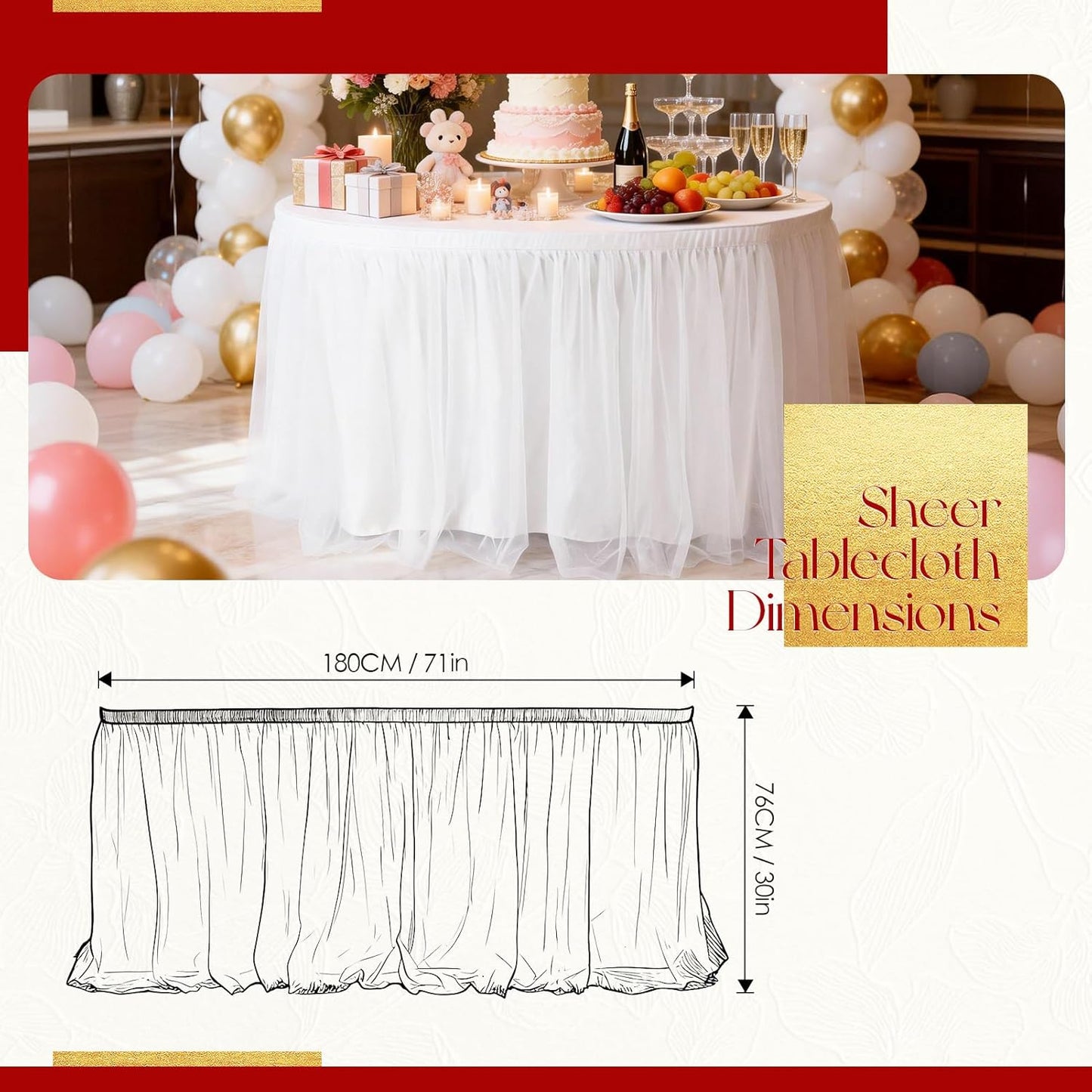 THARAHT Tulle Table Skirt 6FT 180CM Long for Rectangle Tables Round Tables Ruffle Desk Skirt for Princess Girls Birthday Party Cake Dessert Decorations Table Skirt