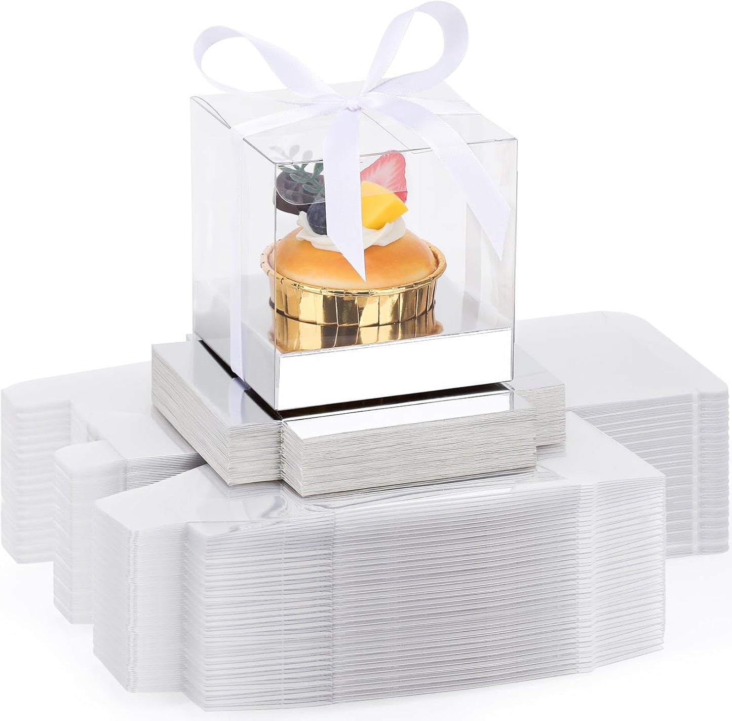 EUSOAR Individual Cupcake Holder, 50pcs 3.5 Inch Plastic Black Cupcake Containers with Lids, Single Transparent Display Clear Cupcake Carrier with Ribbon and Inserts for Wedding Party Favor