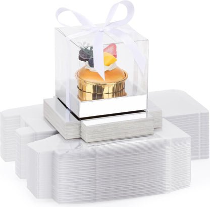 EUSOAR Individual Cupcake Holder, 50pcs 3.5 Inch Plastic Black Cupcake Containers with Lids, Single Transparent Display Clear Cupcake Carrier with Ribbon and Inserts for Wedding Party Favor