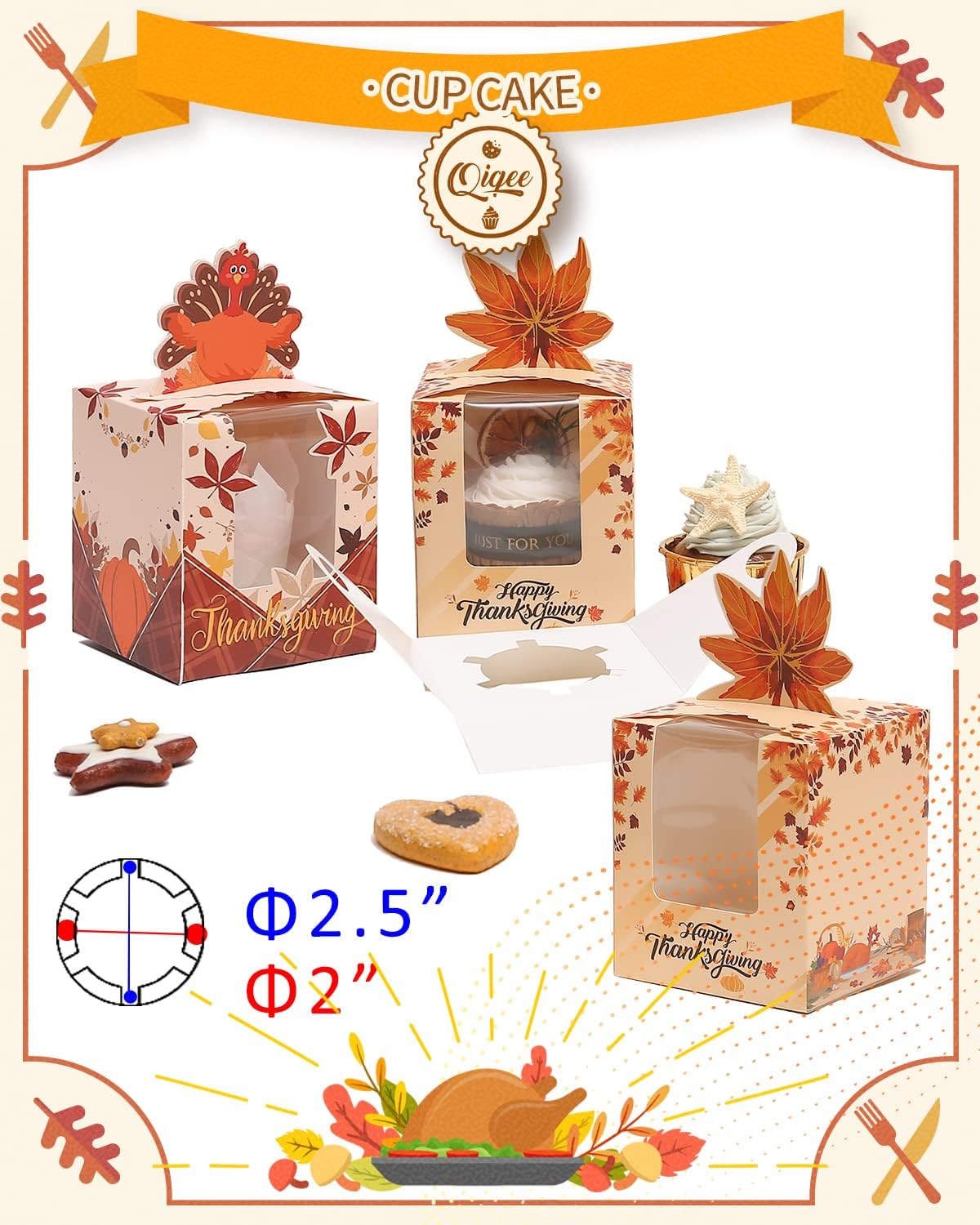 qiqee 60pcs Cupcake Boxes Individual Disposable White Single Box with Window 3.6 * 3.6 * 4.3inch Cupcake Containers/Holders