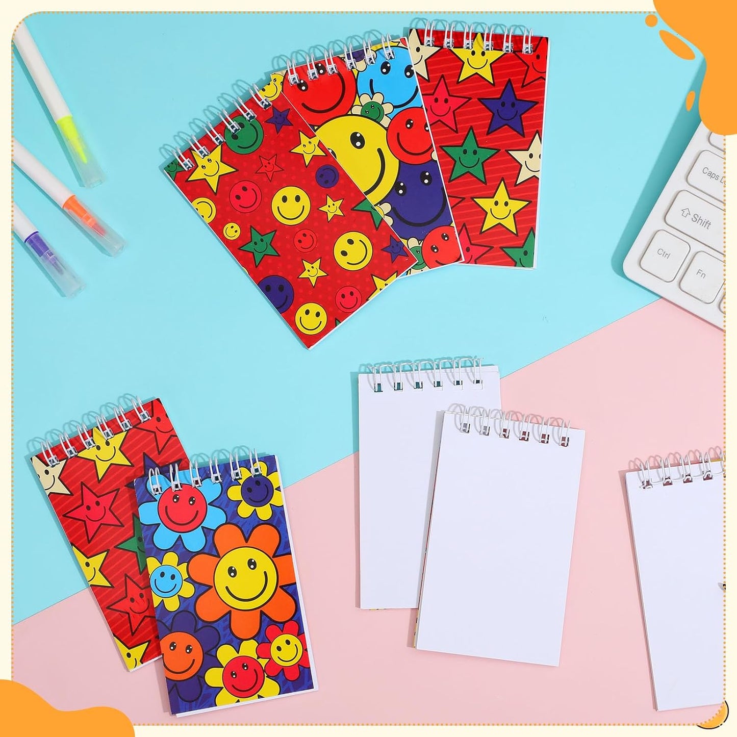 Faccito 24 Pcs Groovy Party Favor Retro Hippie Mini Spiral Notebook Retro Boho Pocket Notebook Bulk Groovy Mini Top Bound Notepad for Boho Birthday Decor Rewards Gifts(Smiling Face Style)