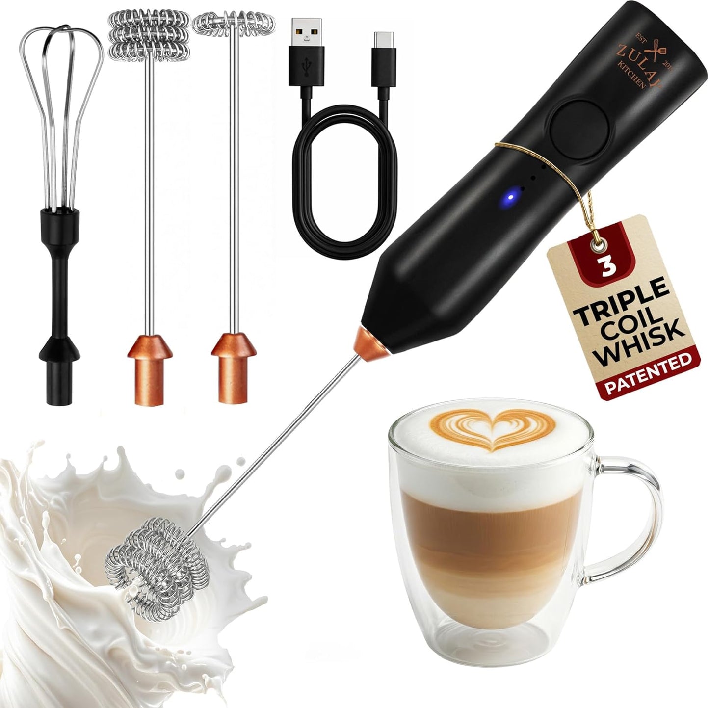 Zulay Kitchen Powerful Milk Frother Wand With Duracell Batteries - Ultra Fast Handheld Drink Mixer - Electric Whisk Foam Maker for Coffee, Lattes, Cappuccino & Matcha - Z1 Motor - Black - Colors C