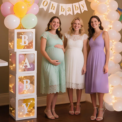 Ledido Transparent Balloon Boxes, Clear Balloon Boxes with 5 Pcs String Lights and 78 Letters for Baby Shower Gender Reveal 2026 New Year Grad Party Birthday Anniversary Bridal Decor - 5 White Boxes