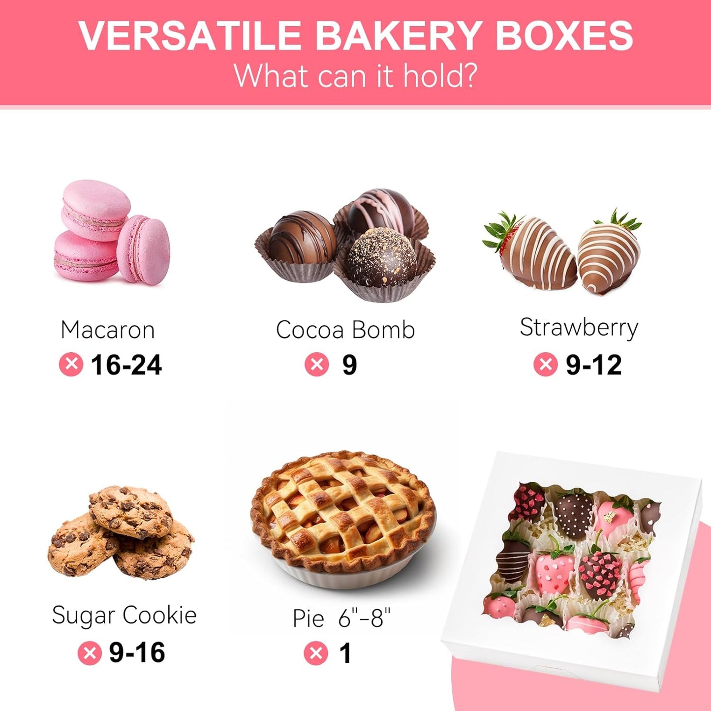 Kucoele 20 PCS Pie Boxes, 9 x 9 x 2.5 Inches Bakery Boxes with Window, Auto-Popup Cookie Boxes White Treat Boxes for Chocolate Strawberries, Pastries, Muffins, Donuts