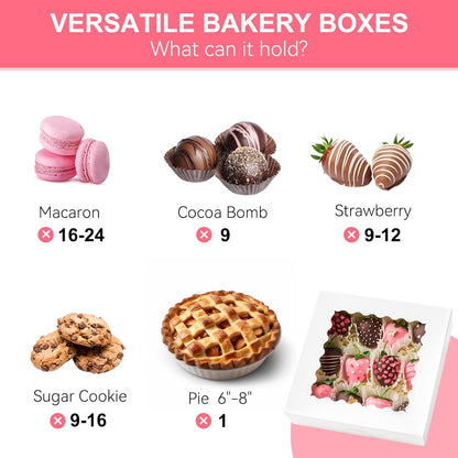 Kucoele 20 PCS Pie Boxes, 9 x 9 x 2.5 Inches Bakery Boxes with Window, Auto-Popup Cookie Boxes White Treat Boxes for Chocolate Strawberries, Pastries, Muffins, Donuts