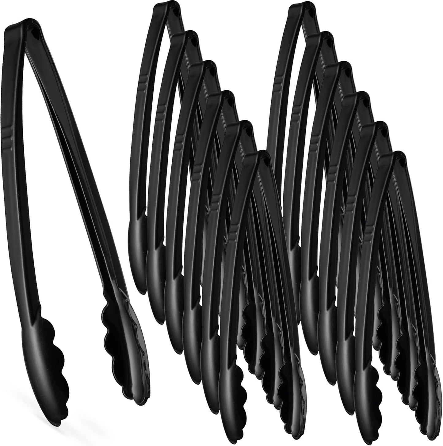 [Black Tongs 7.5'' Inches] Plasticpro 7.5'' Serving Tongs Heavy Duty Reusable Kitchen and BBQ Black Serving Tong for party's, Caterings, Events, Buffet, Weddings, And every Day use Pack of 12