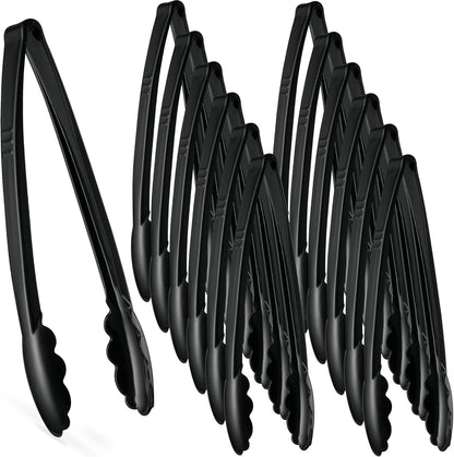 [Black Tongs 7.5'' Inches] Plasticpro 7.5'' Serving Tongs Heavy Duty Reusable Kitchen and BBQ Black Serving Tong for party's, Caterings, Events, Buffet, Weddings, And every Day use Pack of 12