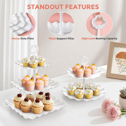 12Pcs Dessert Table Display Set, Cupcake Stand, 3-Tier Cup Cake Tower Stands & 2-Tiered Cake Holder, Treat Food Platters Serving Trays for Tea Party, Baby Shower, Bridal, Wedding, Birthday, Plastic
