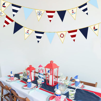 30Ft Navy Blue Gold and Beige Party Decorations Royal Blue Gold Triangle Flag Pennant Banner Bunting for Graduation Birthday Wedding Bridal Shower Nautical Ahoy Achor Theme Party Decorations Supplies