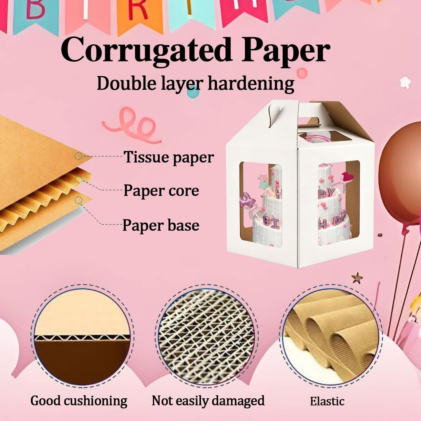 Cake Boxes - 2 Pack Tall Cake Box 10x10x12 Inch Disposable Layer Carrier with 6 Window Large Tierd Cake Out Transport Containers with Handle for Wedding, Birthday, Party