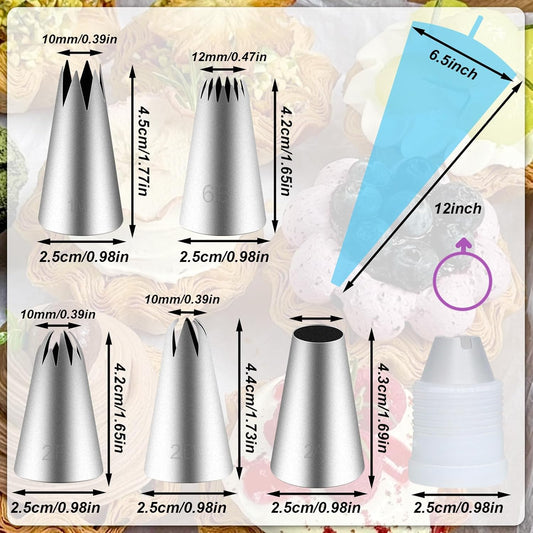 Large Piping Tips Set, Piping Bags and Tips Set 5 PCS Stainless Steel Frosting Tips for DIY Pastry Dough, Cookie, Cupcake, Cake (1M 2D 2F 6B 2A)