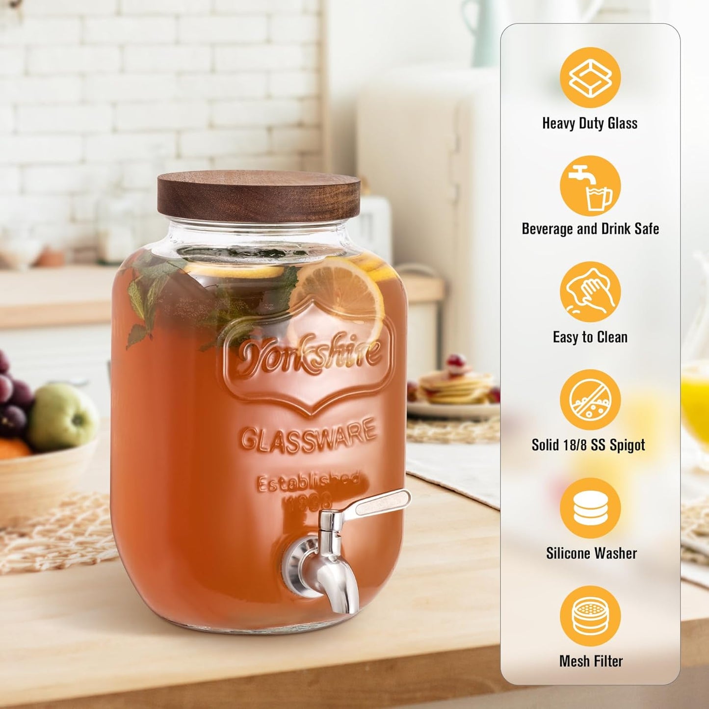 mustry Glass Drink Dispenser for Parties, 1 Gallon Beverage Dispenser with Stand and Spigot Solid Stainless Steel, Used as Lemonade Dispenser Sun Tea Jar Kombucha Jar, Set of 2