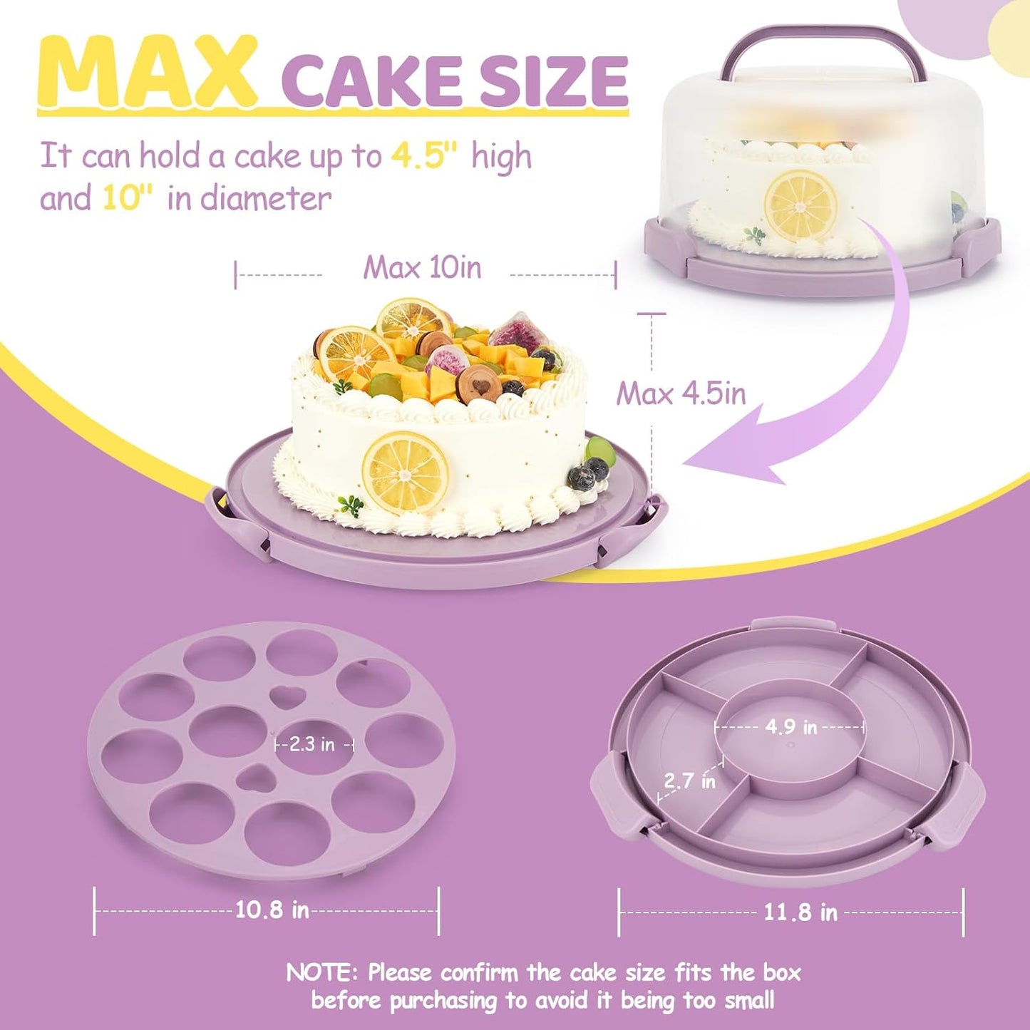 Cake Carrier with Lid and Handle, Ohuhu BPA-Free Cake Containers Cake Holder for 10 inch Cake with 2 Handle Cupcake Carrier - Plastic Cover Two Sided Base for Transport Pie Nut Fruit Mothers Day Gifts