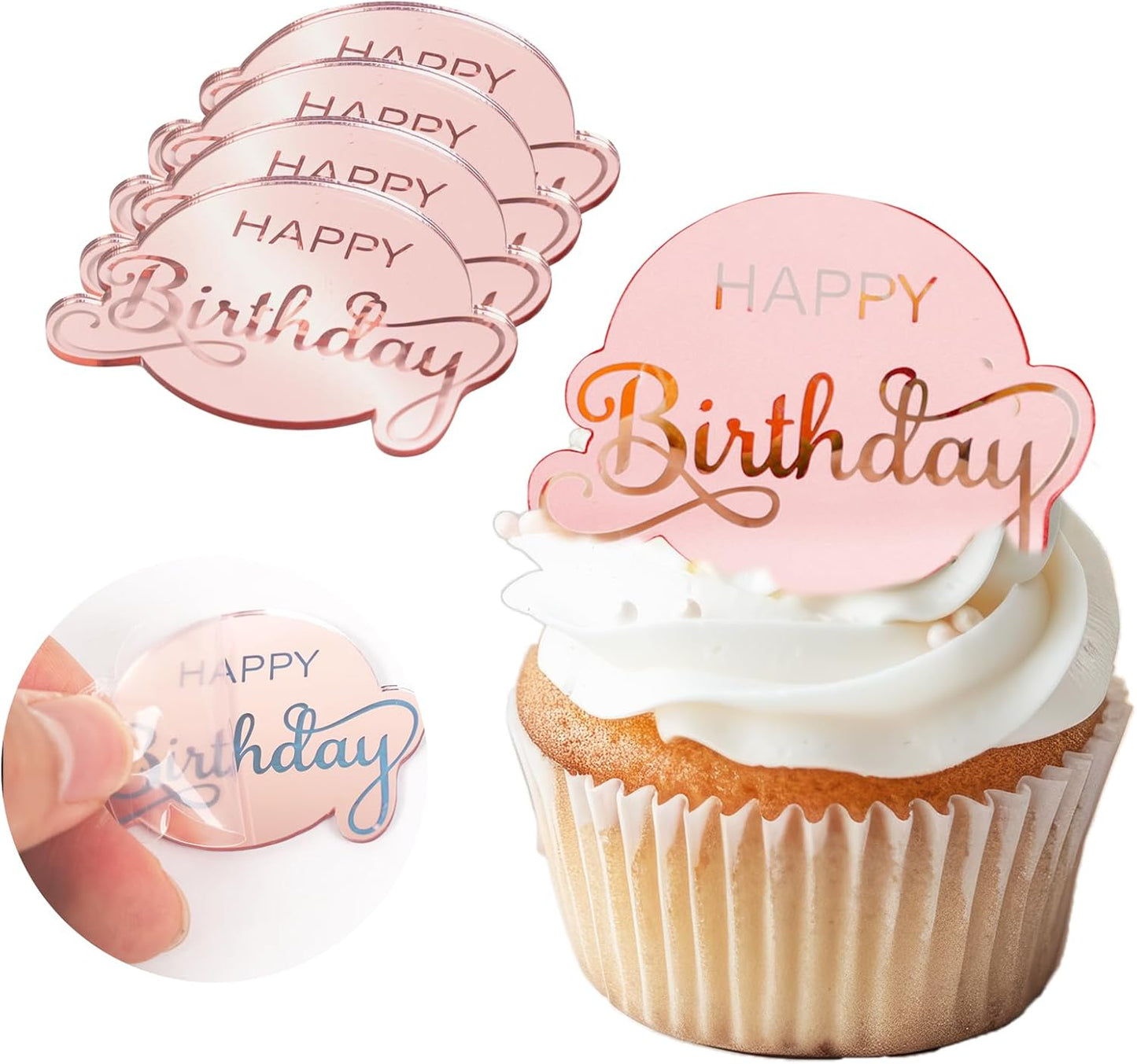 20pcs Gold Mirror Acrylic Happy Birthday Cupcake Toppers Round Engraved Cake Picks Happy Birthday Cake Toppers for DIY Birthday Gift Flower Bouquet Pastries Desserts Decor