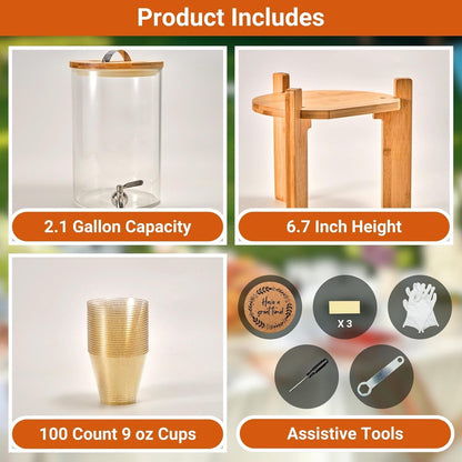 Glass Beverage Dispenser with Bamboo Stand 6.7 In and Lid, Iced 2.9 Gallon Drink Server with Spigot, Large Thick Glass Drink Dispenser for Parties, Hotels, Restaurants, Homes