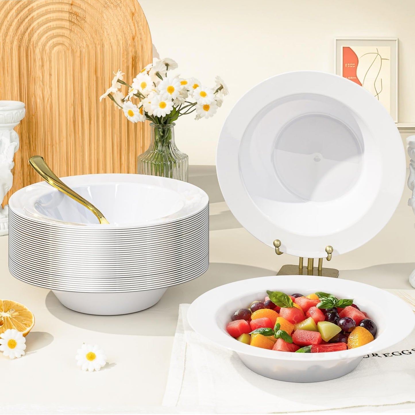 BESTVIP 100 Pack Plastic Bowls with Gold Rim, 12 oz Disposable Soup Bowls, Heavy-duty Dessert Salad Bowl for Party, Wedding, Christmas, Dinner, Catering