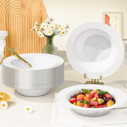 BESTVIP 100 Pack Plastic Bowls with Gold Rim, 12 oz Disposable Soup Bowls, Heavy-duty Dessert Salad Bowl for Party, Wedding, Christmas, Dinner, Catering
