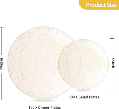 Goodluck 200PCS Gold Plastic Plates, Heavy Duty Disposable Gold Plates with 100 10.25 inch Dinner Plates and 100 7.5 inch Dessert Plates for Party, Holiday, Wedding, Thanksgiving