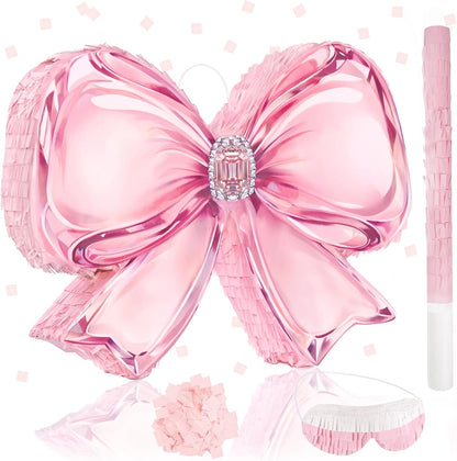 Princess Castle Pinata Set - Coquette Pink Castle Pull String Piñata with Blindfold and Stick for Girls Princess Themed Birthday Party Decorations, Winter Fairy Piñata (16.5 x12.4'')