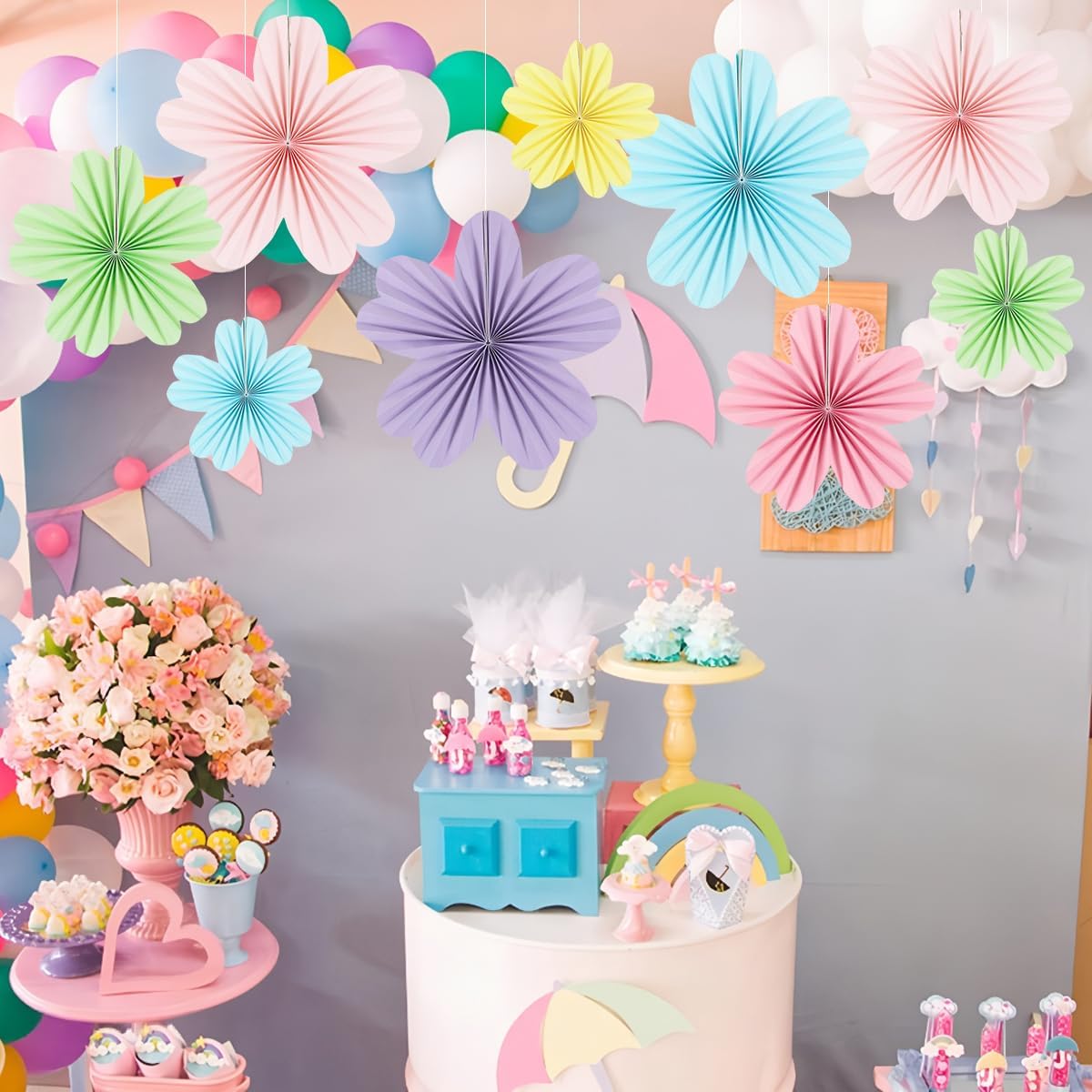 Party Hanging Paper Fans Decoration Set for Wedding Birthday Party Mother's Day Round Events Accessories Set of 8