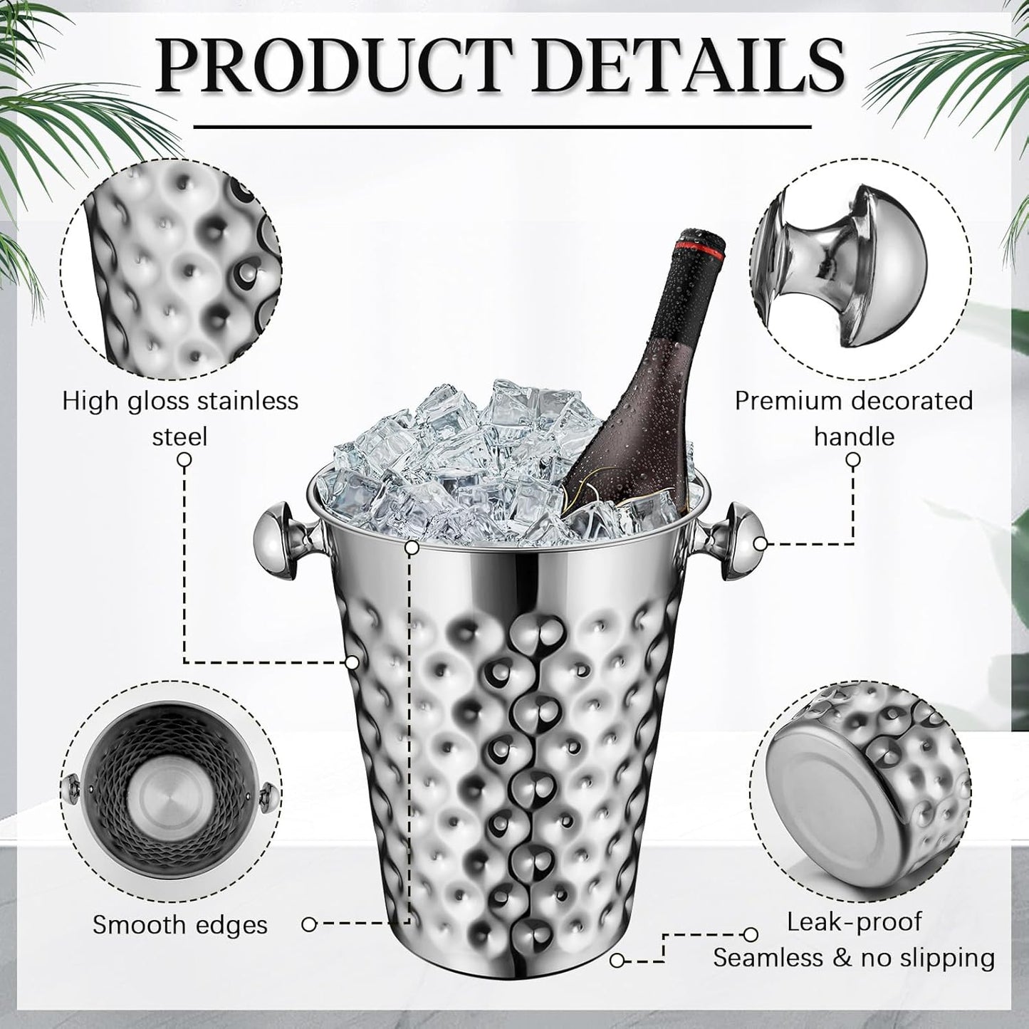 MorningRo 2 Pcs 5 Quart Black Champagne Ice Bucket 4.7 L Metal Doublewall Hammered Stainless Steel Wine Beer Chiller Home Bar Accessories for Football Sports Wedding Party Summer BBQ (Beveled Mouth)