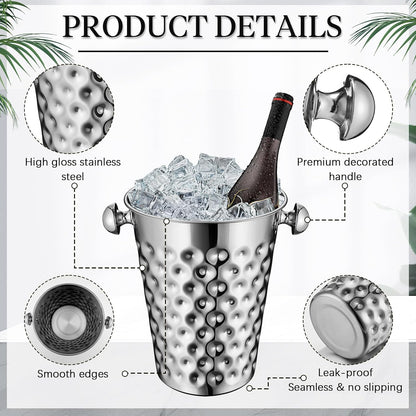 MorningRo 2 Pcs 5 Quart Black Champagne Ice Bucket 4.7 L Metal Doublewall Hammered Stainless Steel Wine Beer Chiller Home Bar Accessories for Football Sports Wedding Party Summer BBQ (Beveled Mouth)