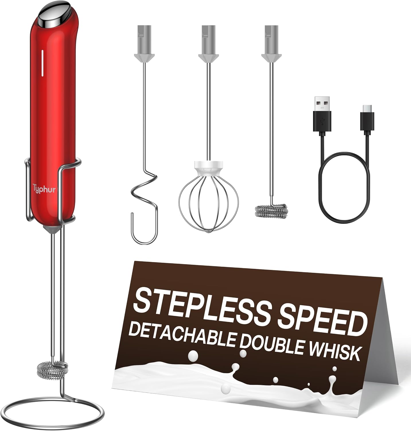 InstaWhisk Milk Frother with Variable Speed, Rechargeable Coffee Frother Wand with Detachable Double Whisk, Drink Mixer Handheld Electric Stirrer for Latte, Cappuccino, Matcha, Almond Milk, Protein