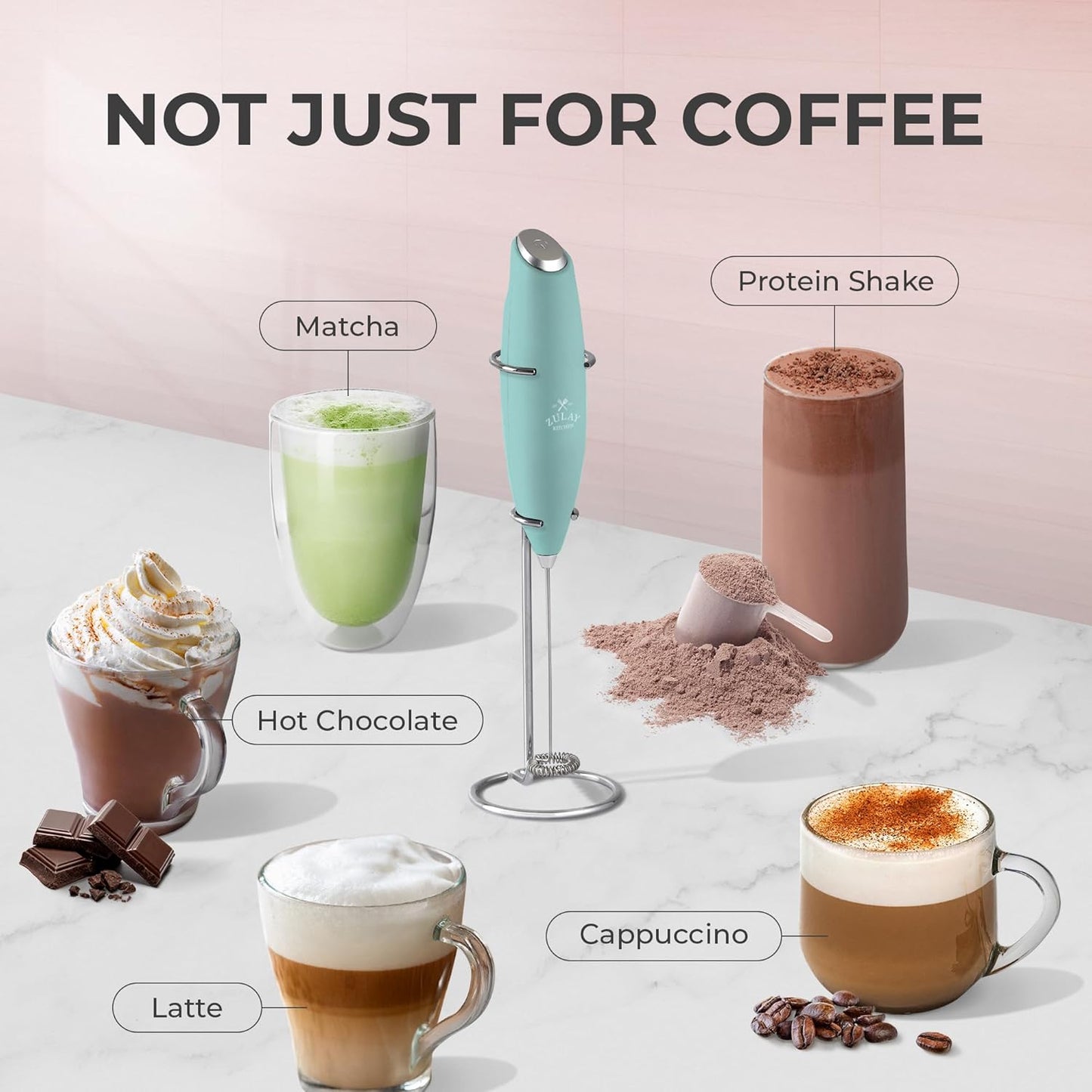 Zulay Kitchen Powerful Milk Frother Wand With Duracell Batteries - Ultra Fast Handheld Drink Mixer - Electric Whisk Foam Maker for Coffee, Lattes, Cappuccino & Matcha - Z1 Motor - Black - Colors A