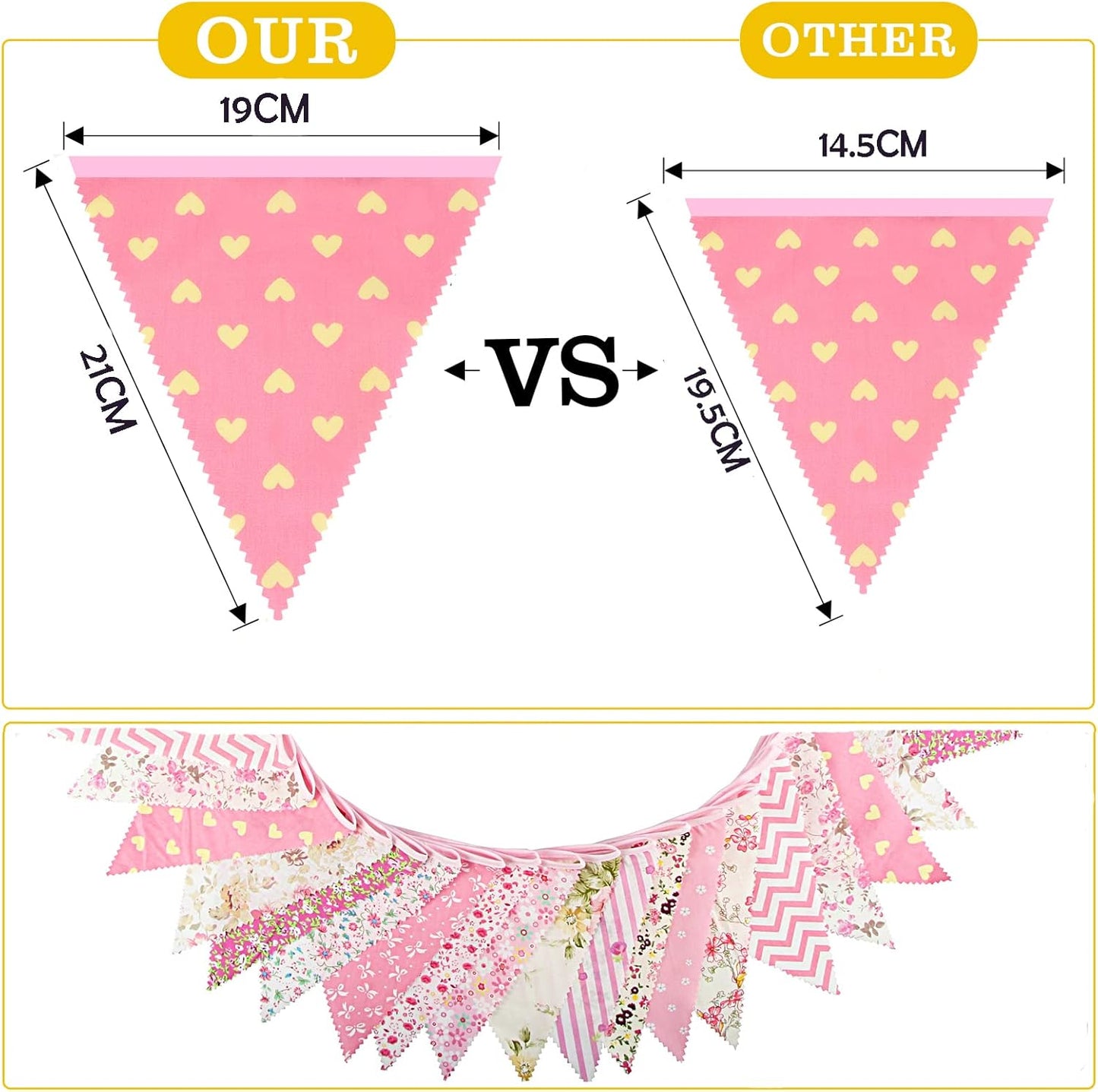 G2PLUS 39Ft Triangle Bunting Banner, 42Pcs Pink Floral Garland Pennant Banner, Reusable Cotton Triangle Flags Party Decoration for Birthday, Wedding, Garden Tea Party, Baby Shower, Room Decor