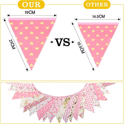 jijAcraft 39Ft Triangle Bunting Banner, 42Pcs Tea Floral Party Bunting Cotton Fabric Flags Pennant Garlands for Birthday Party, Wedding, Baby Shower, Outdoor and Home Decorations (Pink)