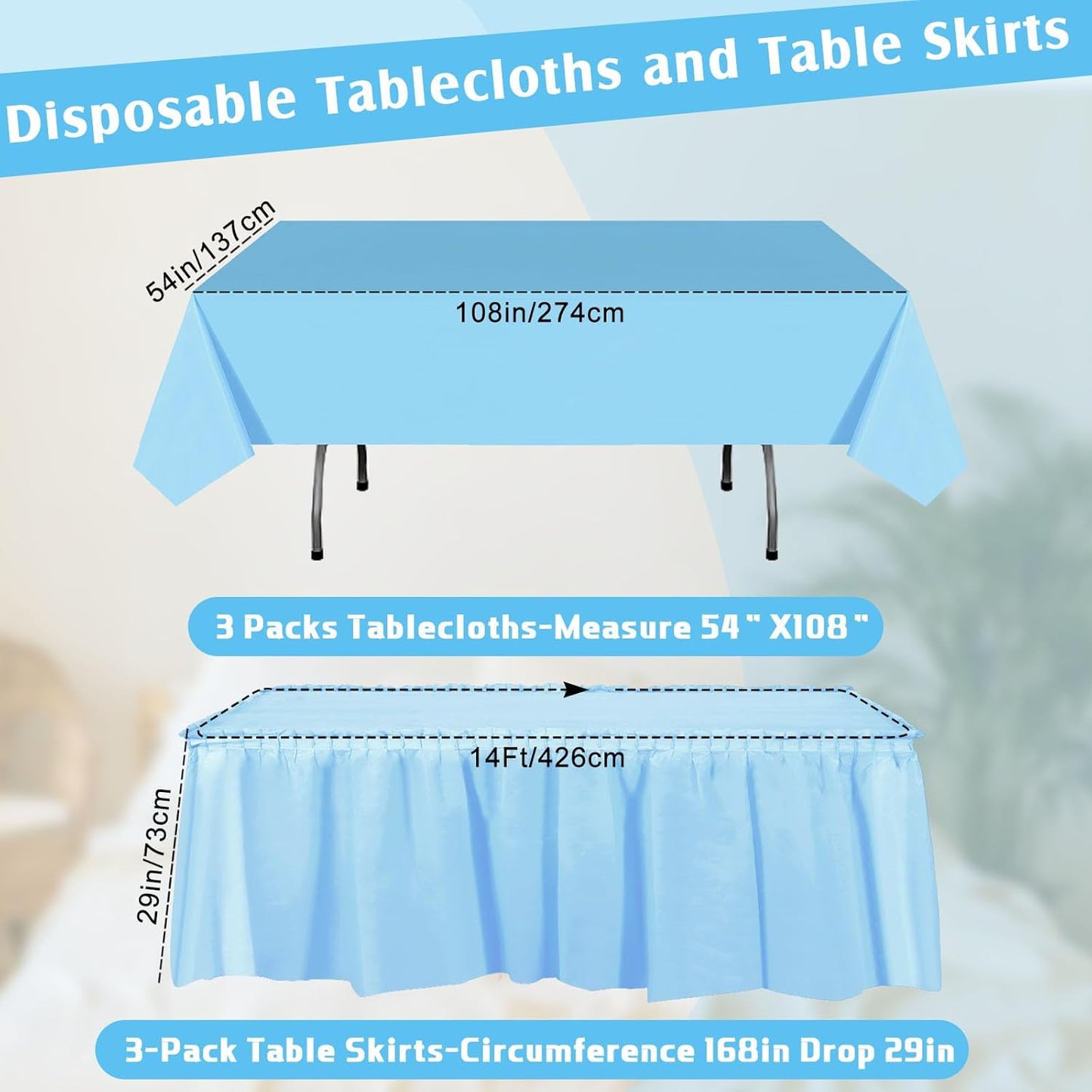 Oudain 6 Pcs Plastic Table Skirts and Stainproof Table Cloths 54 x 108 in Plastic Ruffle Tablecloth 168 x 29 Inches Disposable for Wedding Baby Shower Valentine Spring Easter Party(White)
