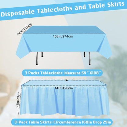 Oudain 6 Pcs Plastic Table Skirts and Stainproof Table Cloths 54 x 108 in Plastic Ruffle Tablecloth 168 x 29 Inches Disposable for Wedding Baby Shower Valentine Spring Easter Party(White)