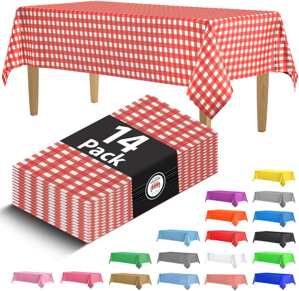 14 Pack Black 54 x 108 in. Rectangle Disposable Plastic Tablecloths - Smooth Decorative Covers for Parties, Weddings