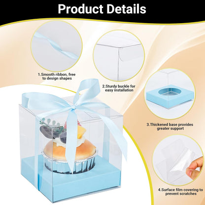 EUSOAR Individual Cupcake Holder, 50pcs 3.5 Inch Plastic Black Cupcake Containers with Lids, Single Transparent Display Clear Cupcake Carrier with Ribbon and Inserts for Wedding Party Favor