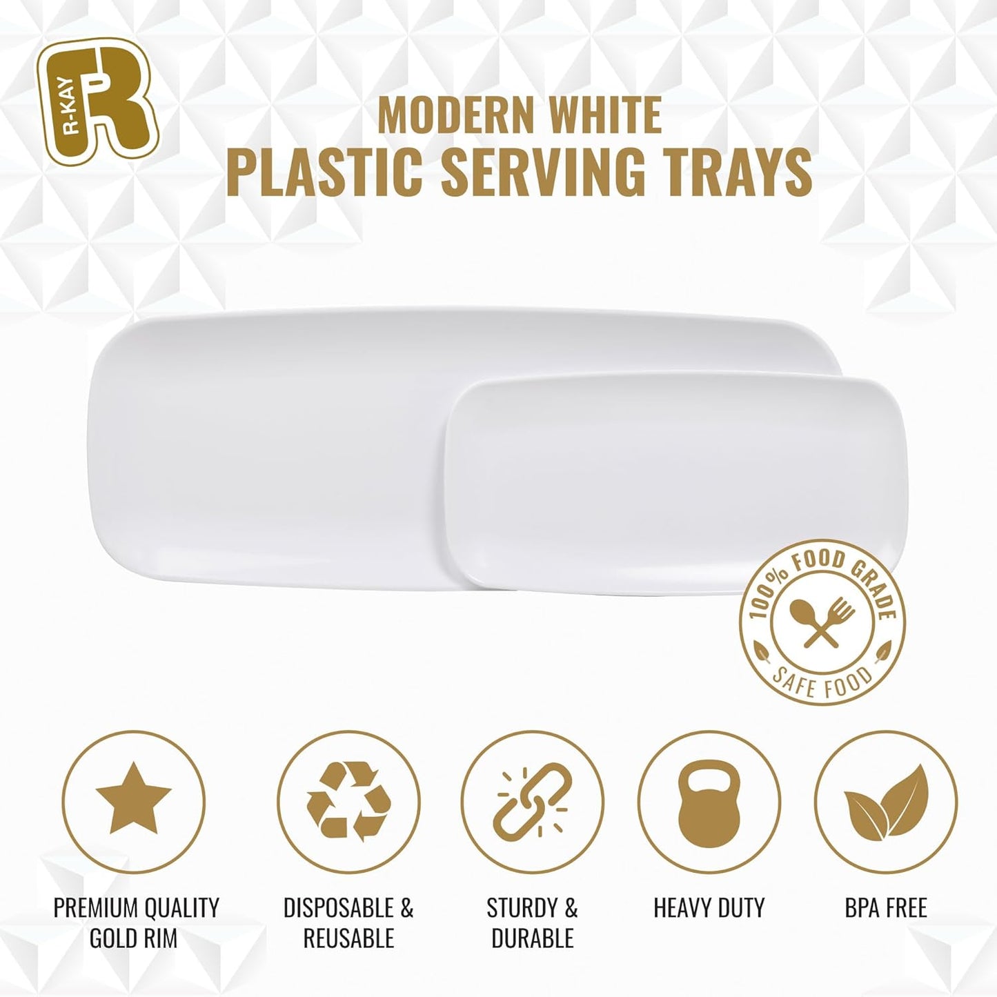 R-kay 4 Pack White Plastic Serving Trays for Party - White Serving Tray 17 by 6.5 in - Rectangular Heavy Duty Dessert Trays for Food