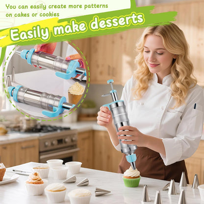 NOVANO Dessert Decorating Syringe Set, Frosting Piping Kit Stainless Steels Cake Decorating Kit with 54 Piping Tips & 9 silicone cupcakes, Cupcake Decorating Kit Piping Bags and Tips Set